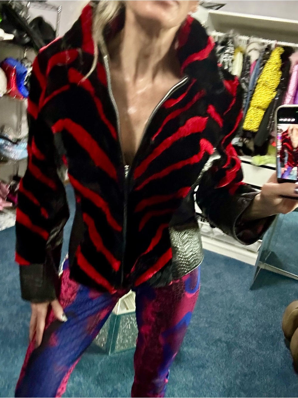Women's Red and Black real  leather Zebra stripe with REAL beaver fur